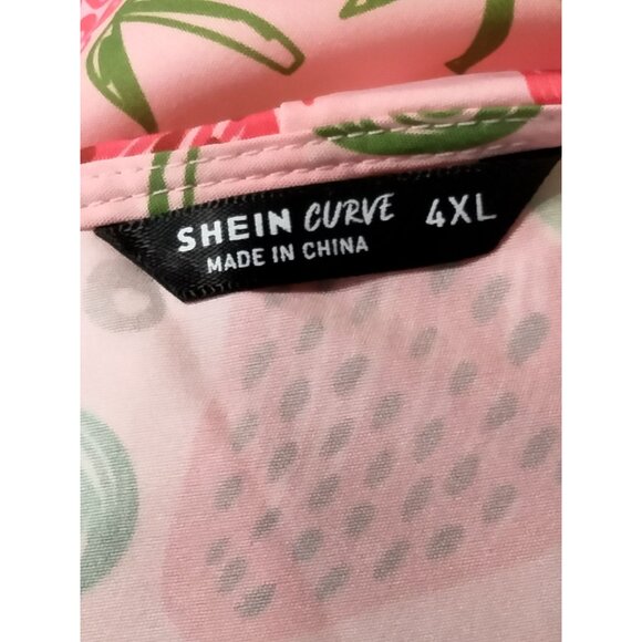 Shein Curve Pink Strawberry Print Ruffled Blouse Snap Buttons Top Plus Size 4XL - Picture 6 of 7